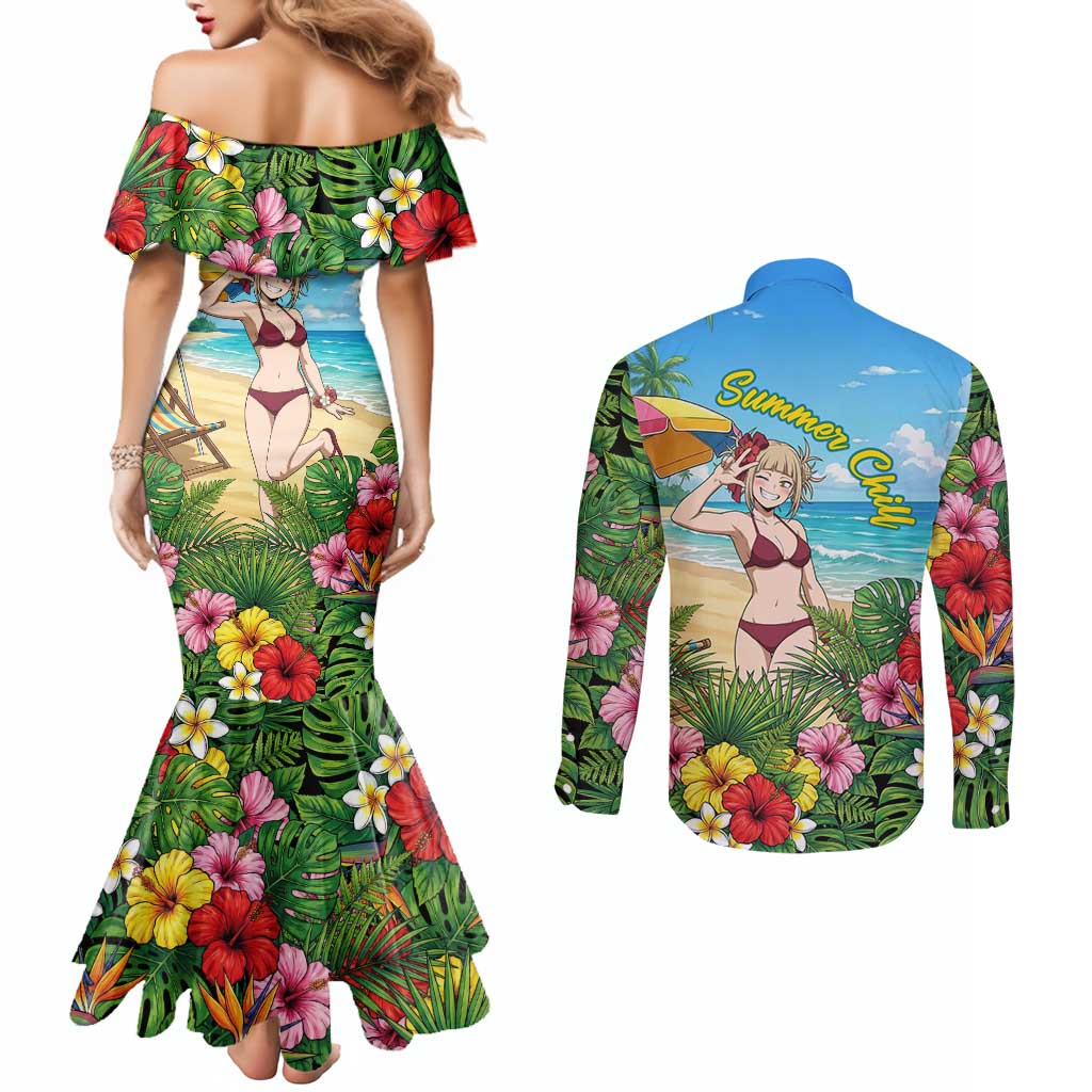 Himiko Toga Summer Chill Couples Matching Mermaid Dress and Long Sleeve Button Shirt Tropical Anime Paradise Art