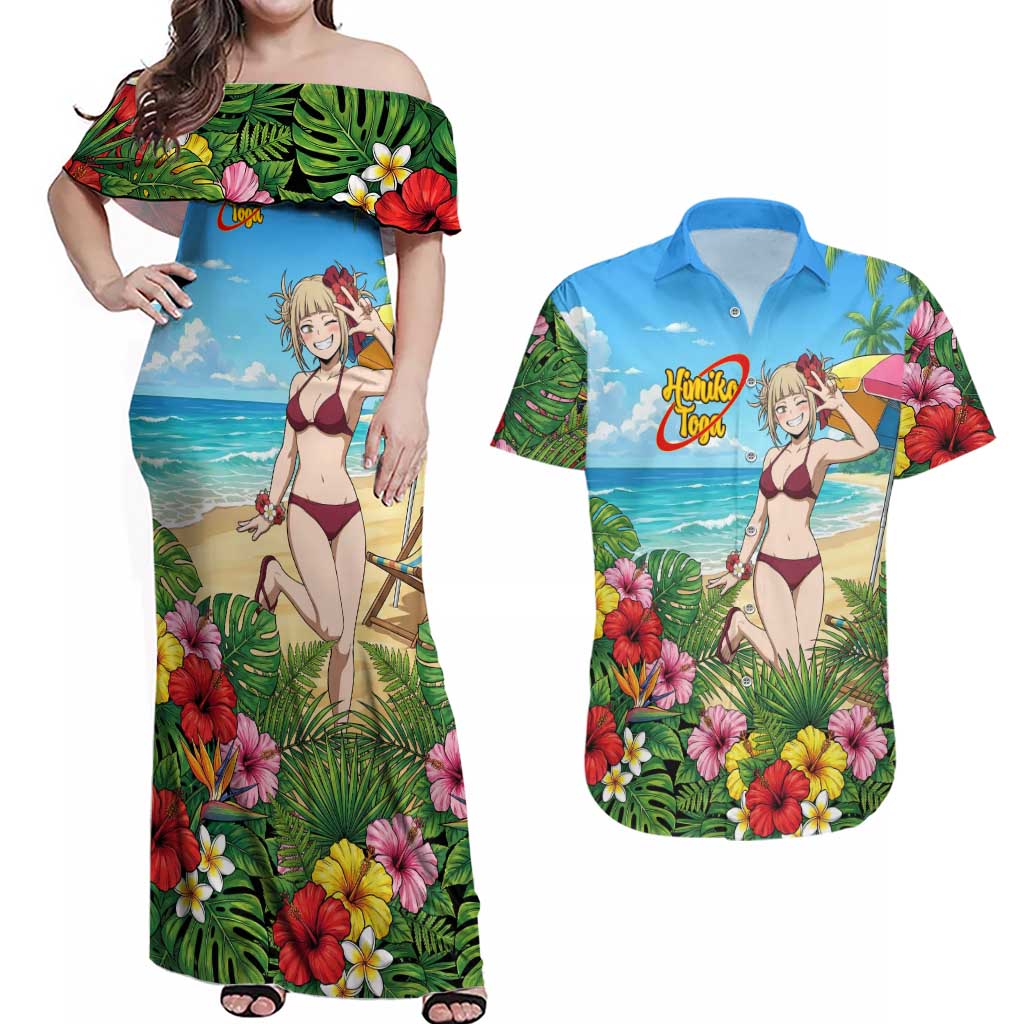 Himiko Toga Summer Chill Couples Matching Off Shoulder Maxi Dress and Hawaiian Shirt Tropical Anime Paradise Art