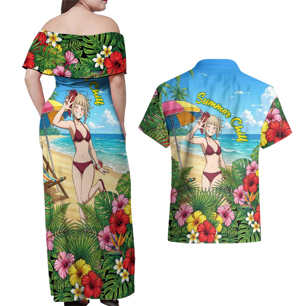Himiko Toga Summer Chill Couples Matching Off Shoulder Maxi Dress and Hawaiian Shirt Tropical Anime Paradise Art