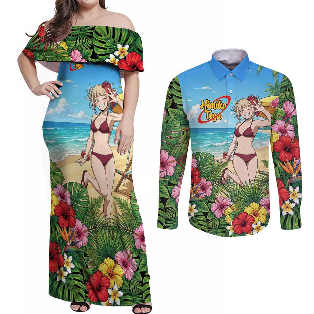 Himiko Toga Summer Chill Couples Matching Off Shoulder Maxi Dress and Long Sleeve Button Shirt Tropical Anime Paradise Art