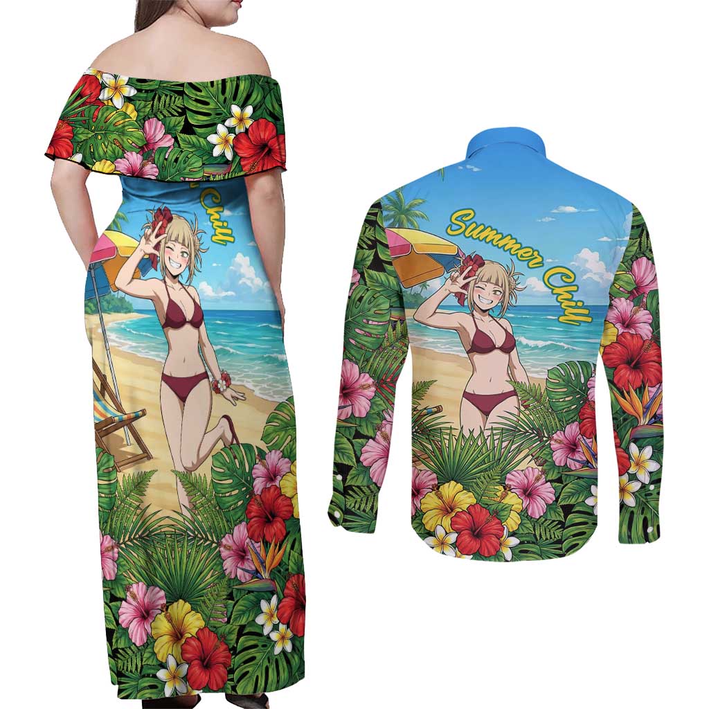 Himiko Toga Summer Chill Couples Matching Off Shoulder Maxi Dress and Long Sleeve Button Shirt Tropical Anime Paradise Art