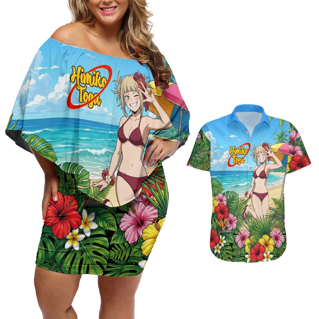Himiko Toga Summer Chill Couples Matching Off Shoulder Short Dress and Hawaiian Shirt Tropical Anime Paradise Art
