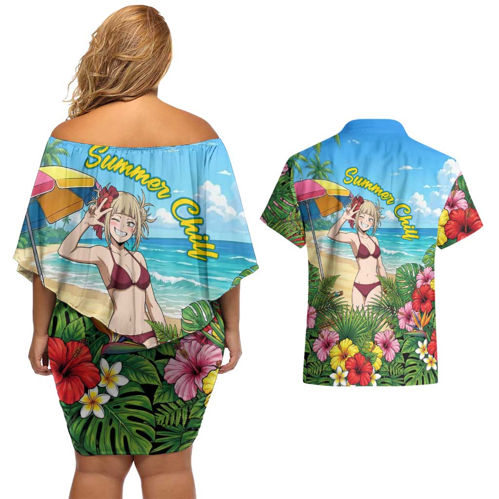 Himiko Toga Summer Chill Couples Matching Off Shoulder Short Dress and Hawaiian Shirt Tropical Anime Paradise Art