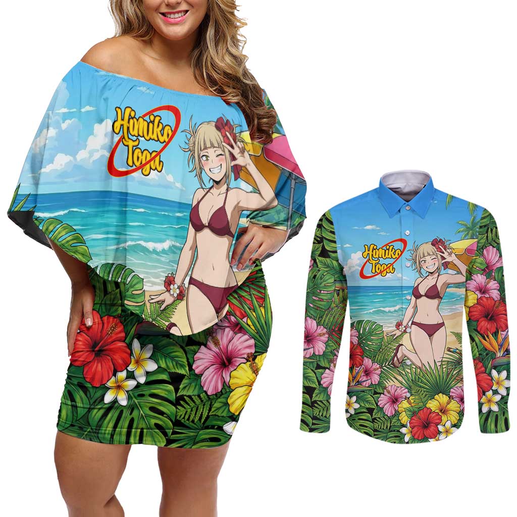 Himiko Toga Summer Chill Couples Matching Off Shoulder Short Dress and Long Sleeve Button Shirt Tropical Anime Paradise Art