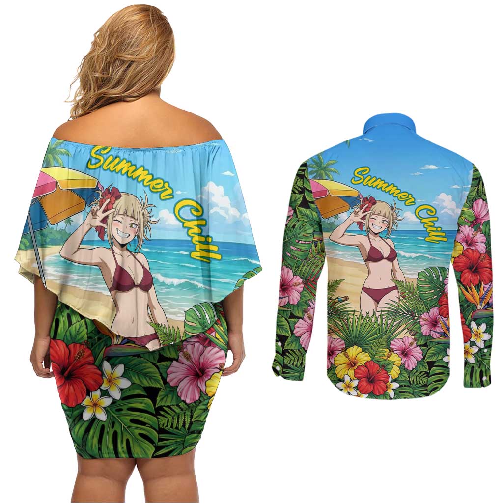 Himiko Toga Summer Chill Couples Matching Off Shoulder Short Dress and Long Sleeve Button Shirt Tropical Anime Paradise Art