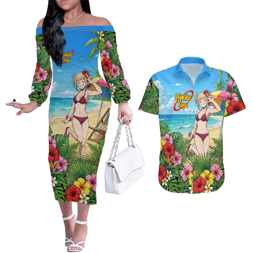 Himiko Toga Summer Chill Couples Matching Off The Shoulder Long Sleeve Dress and Hawaiian Shirt Tropical Anime Paradise Art