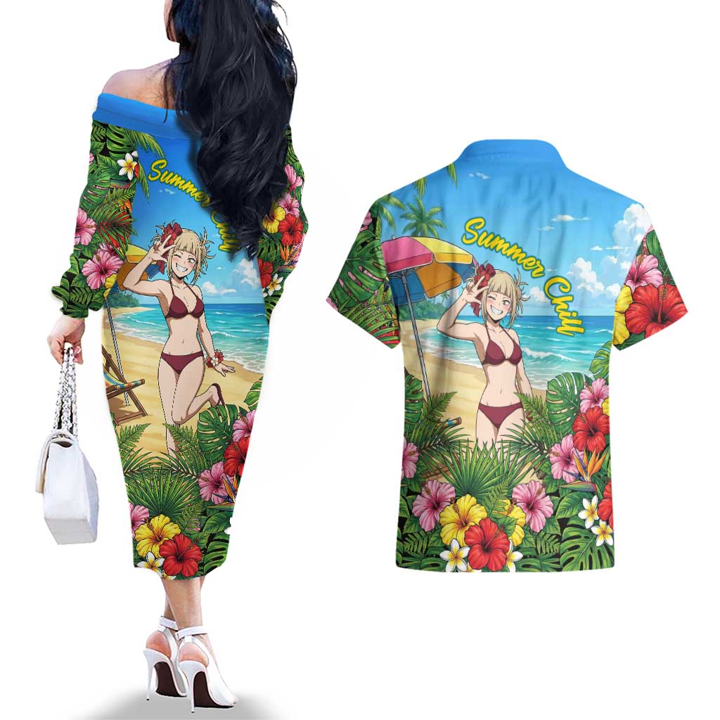 Himiko Toga Summer Chill Couples Matching Off The Shoulder Long Sleeve Dress and Hawaiian Shirt Tropical Anime Paradise Art