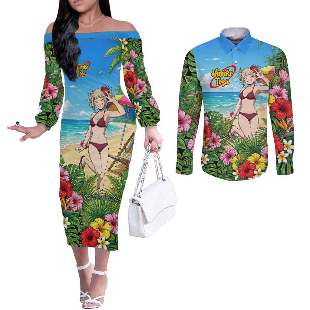 Himiko Toga Summer Chill Couples Matching Off The Shoulder Long Sleeve Dress and Long Sleeve Button Shirt Tropical Anime Paradise Art