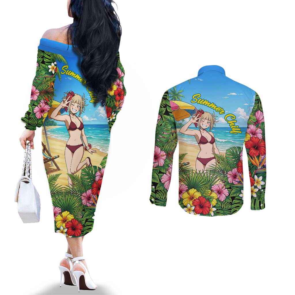 Himiko Toga Summer Chill Couples Matching Off The Shoulder Long Sleeve Dress and Long Sleeve Button Shirt Tropical Anime Paradise Art