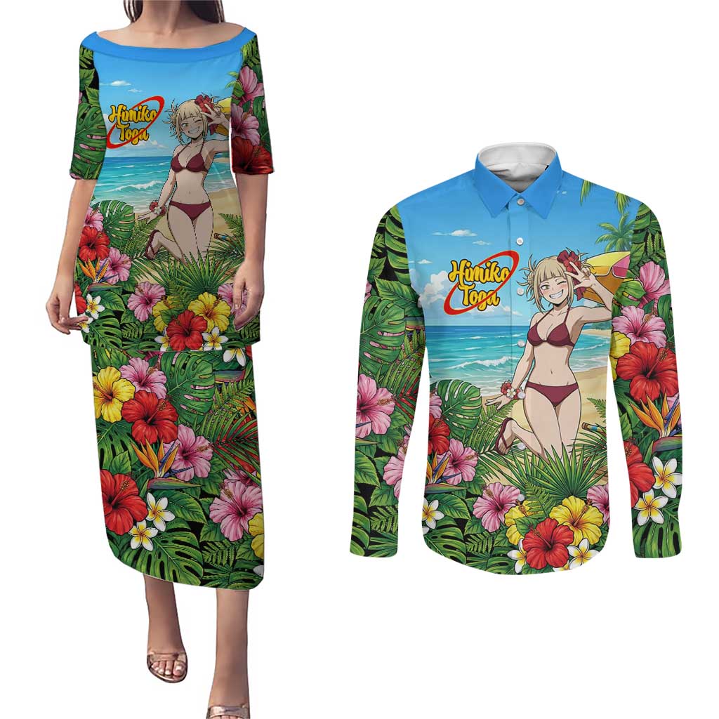 Himiko Toga Summer Chill Couples Matching Puletasi and Long Sleeve Button Shirt Tropical Anime Paradise Art