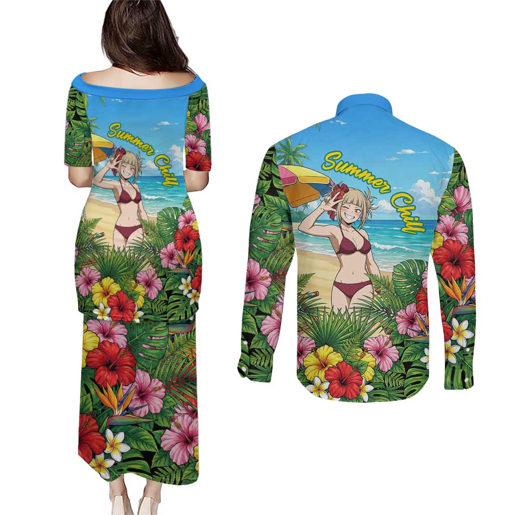 Himiko Toga Summer Chill Couples Matching Puletasi and Long Sleeve Button Shirt Tropical Anime Paradise Art