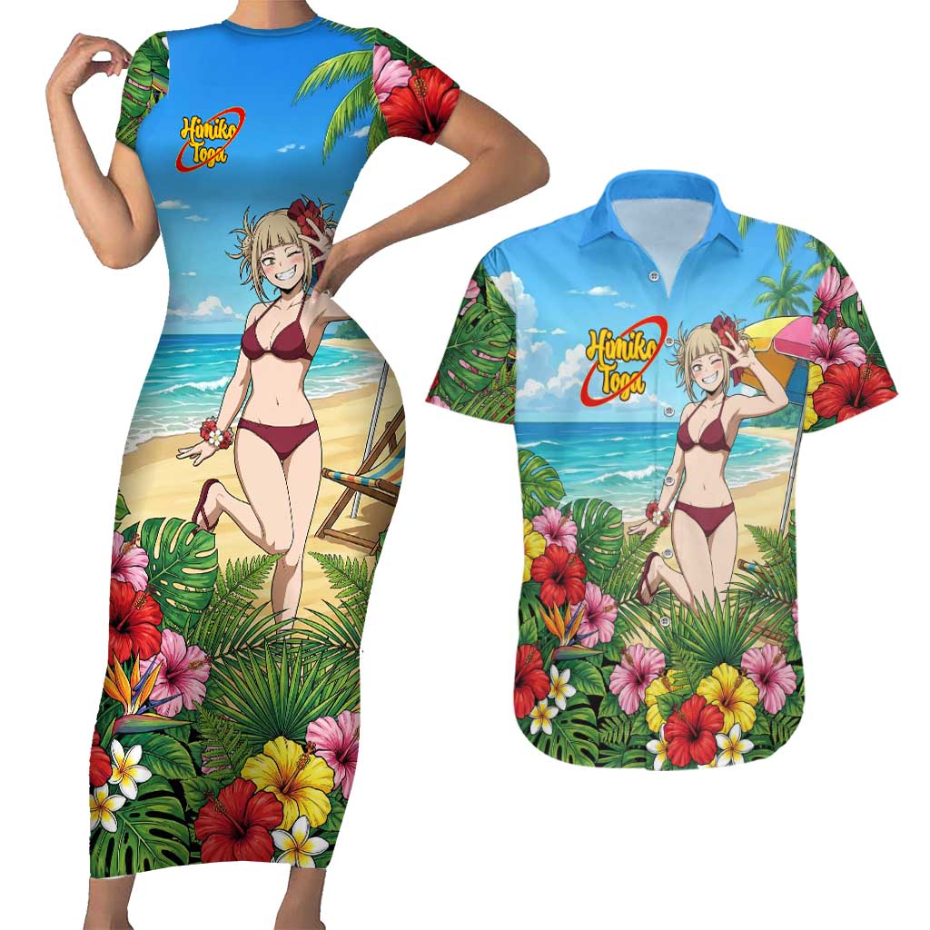 Himiko Toga Summer Chill Couples Matching Short Sleeve Bodycon Dress and Hawaiian Shirt Tropical Anime Paradise Art