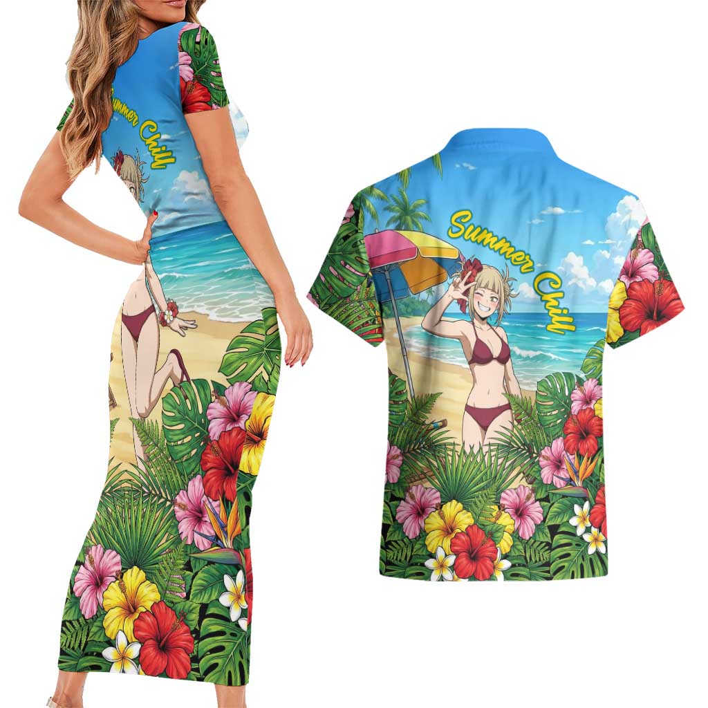 Himiko Toga Summer Chill Couples Matching Short Sleeve Bodycon Dress and Hawaiian Shirt Tropical Anime Paradise Art