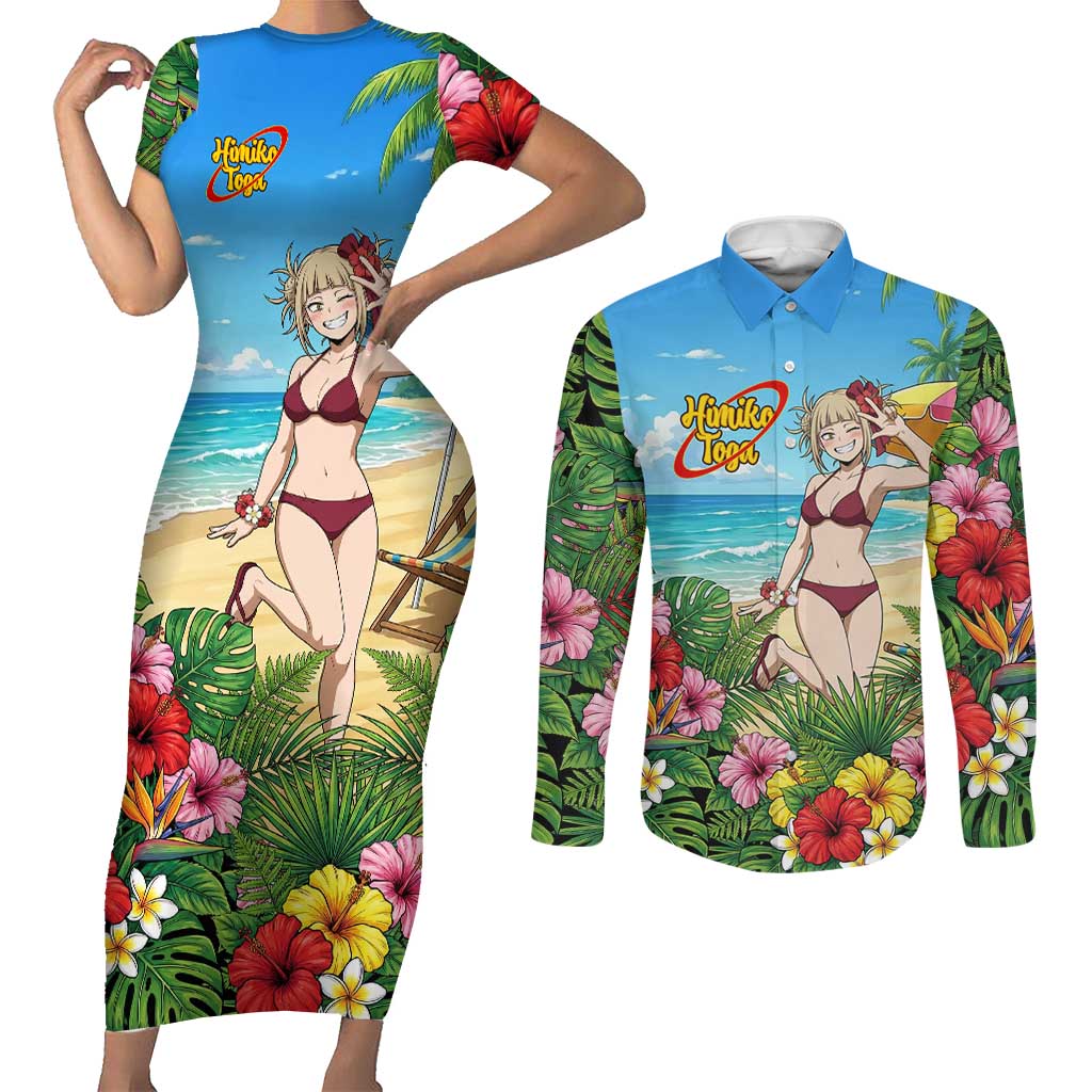 Himiko Toga Summer Chill Couples Matching Short Sleeve Bodycon Dress and Long Sleeve Button Shirt Tropical Anime Paradise Art