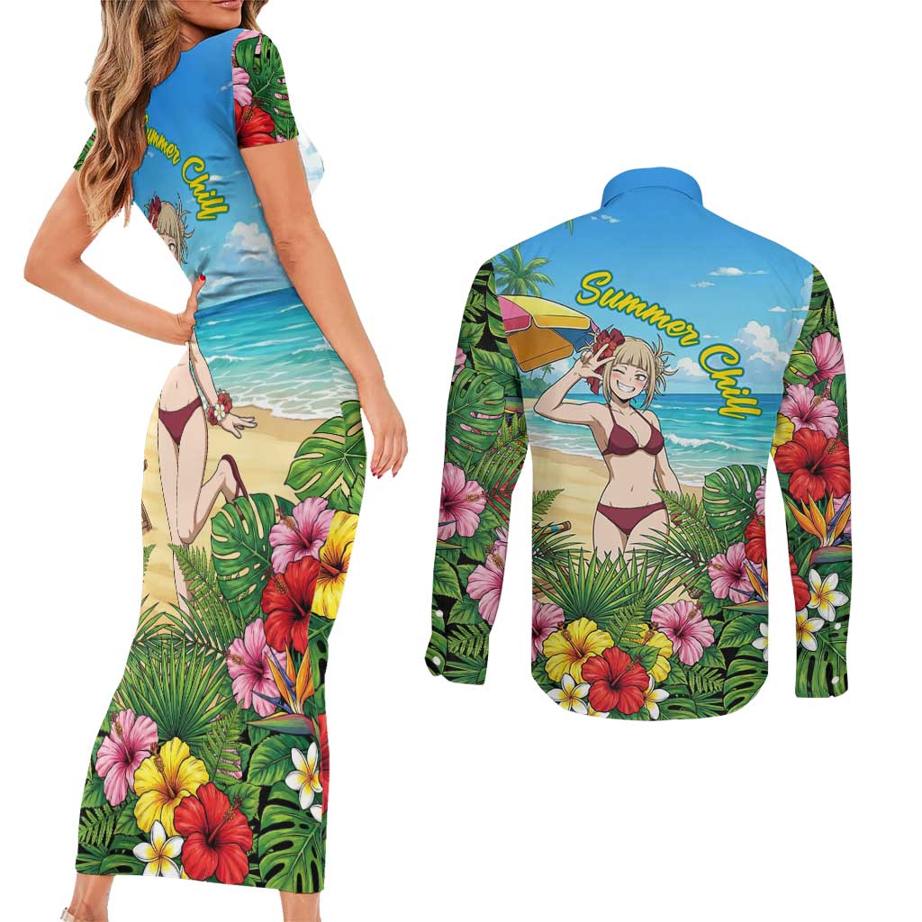Himiko Toga Summer Chill Couples Matching Short Sleeve Bodycon Dress and Long Sleeve Button Shirt Tropical Anime Paradise Art