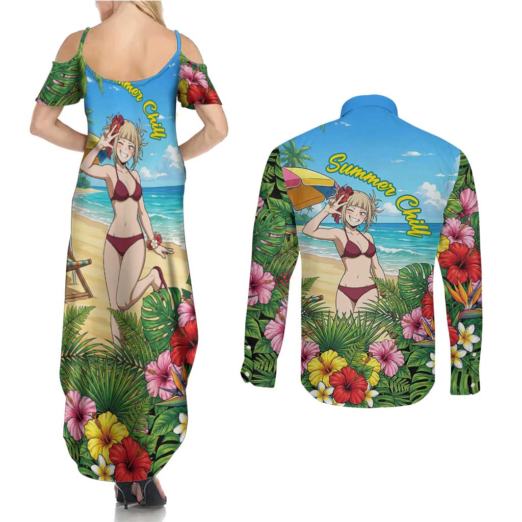 Himiko Toga Summer Chill Couples Matching Summer Maxi Dress and Long Sleeve Button Shirt Tropical Anime Paradise Art