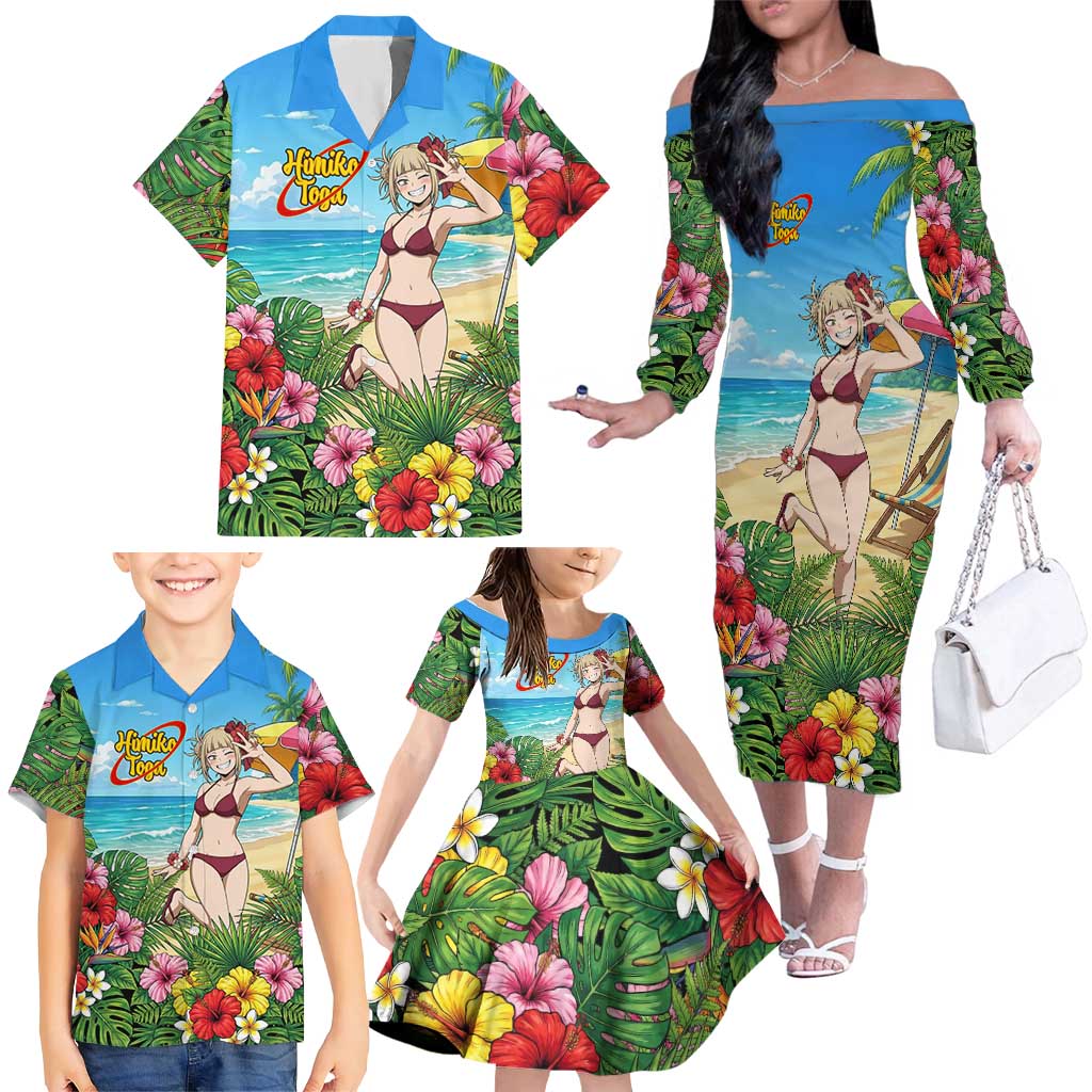 Himiko Toga Summer Chill Family Matching Off The Shoulder Long Sleeve Dress and Hawaiian Shirt Tropical Anime Paradise Art
