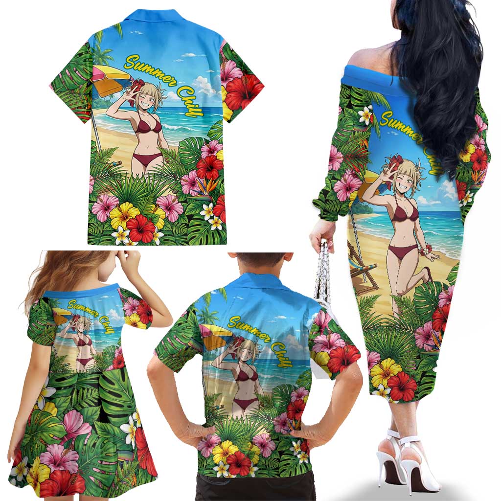 Himiko Toga Summer Chill Family Matching Off The Shoulder Long Sleeve Dress and Hawaiian Shirt Tropical Anime Paradise Art