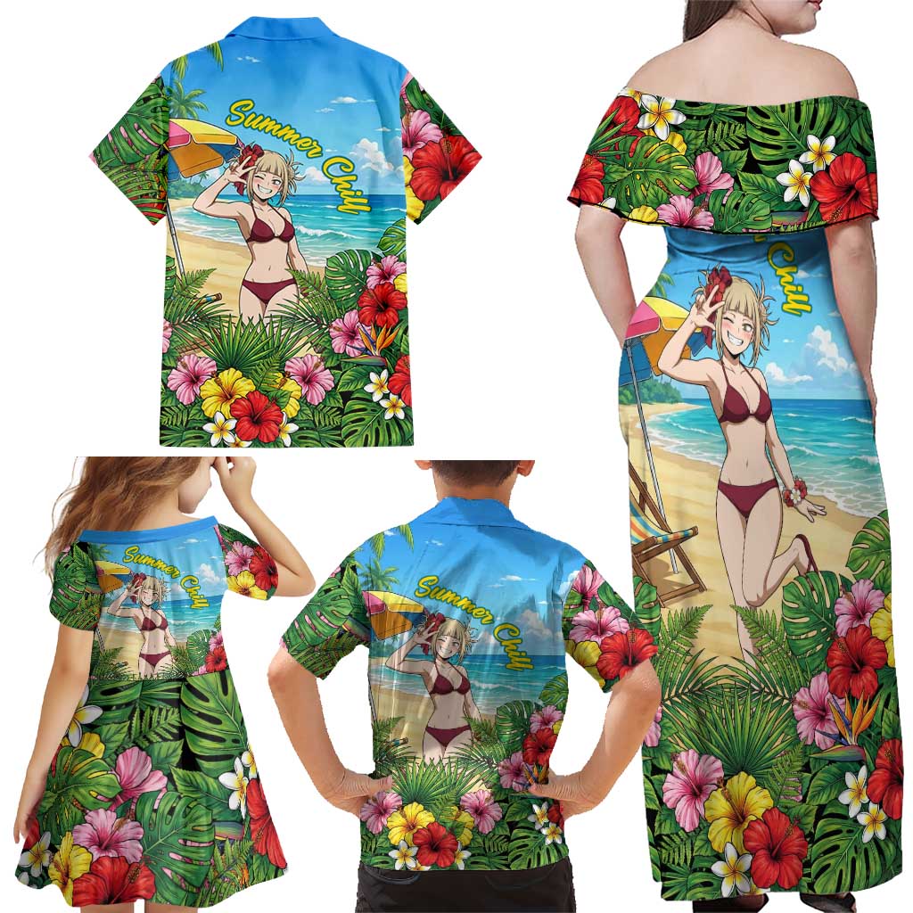Himiko Toga Summer Chill Family Matching Off Shoulder Maxi Dress and Hawaiian Shirt Tropical Anime Paradise Art