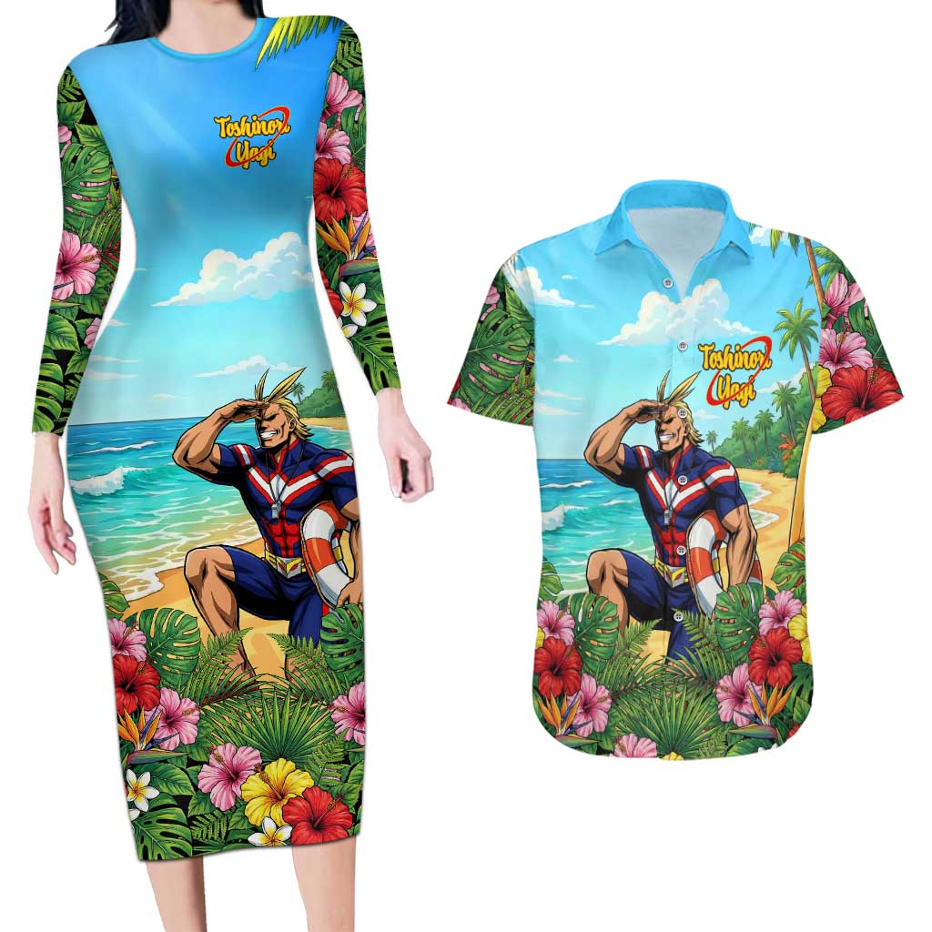 Toshinori Yagi Summer Chill Couples Matching Long Sleeve Bodycon Dress and Hawaiian Shirt Heroic Tropical Anime Art