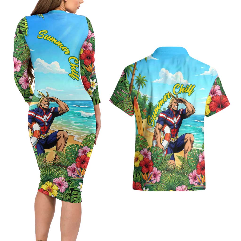 Toshinori Yagi Summer Chill Couples Matching Long Sleeve Bodycon Dress and Hawaiian Shirt Heroic Tropical Anime Art