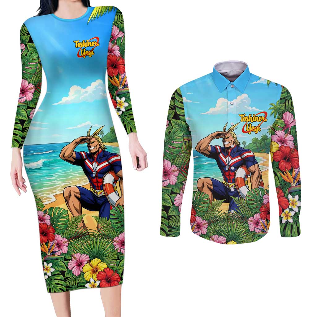 Toshinori Yagi Summer Chill Couples Matching Long Sleeve Bodycon Dress and Long Sleeve Button Shirt Heroic Tropical Anime Art