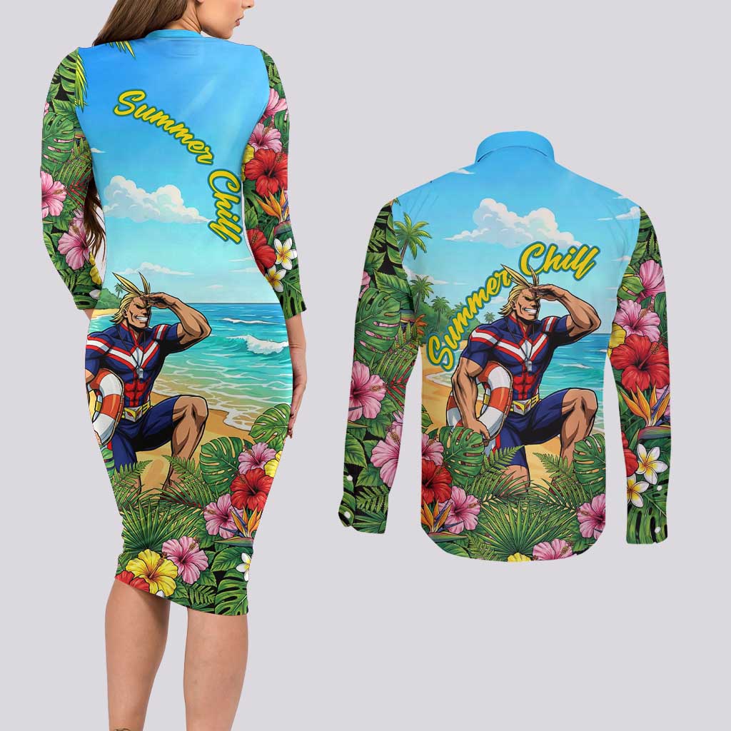 Toshinori Yagi Summer Chill Couples Matching Long Sleeve Bodycon Dress and Long Sleeve Button Shirt Heroic Tropical Anime Art