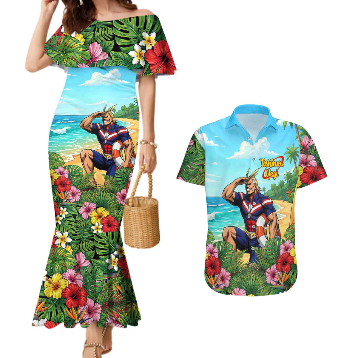 Toshinori Yagi Summer Chill Couples Matching Mermaid Dress and Hawaiian Shirt Heroic Tropical Anime Art