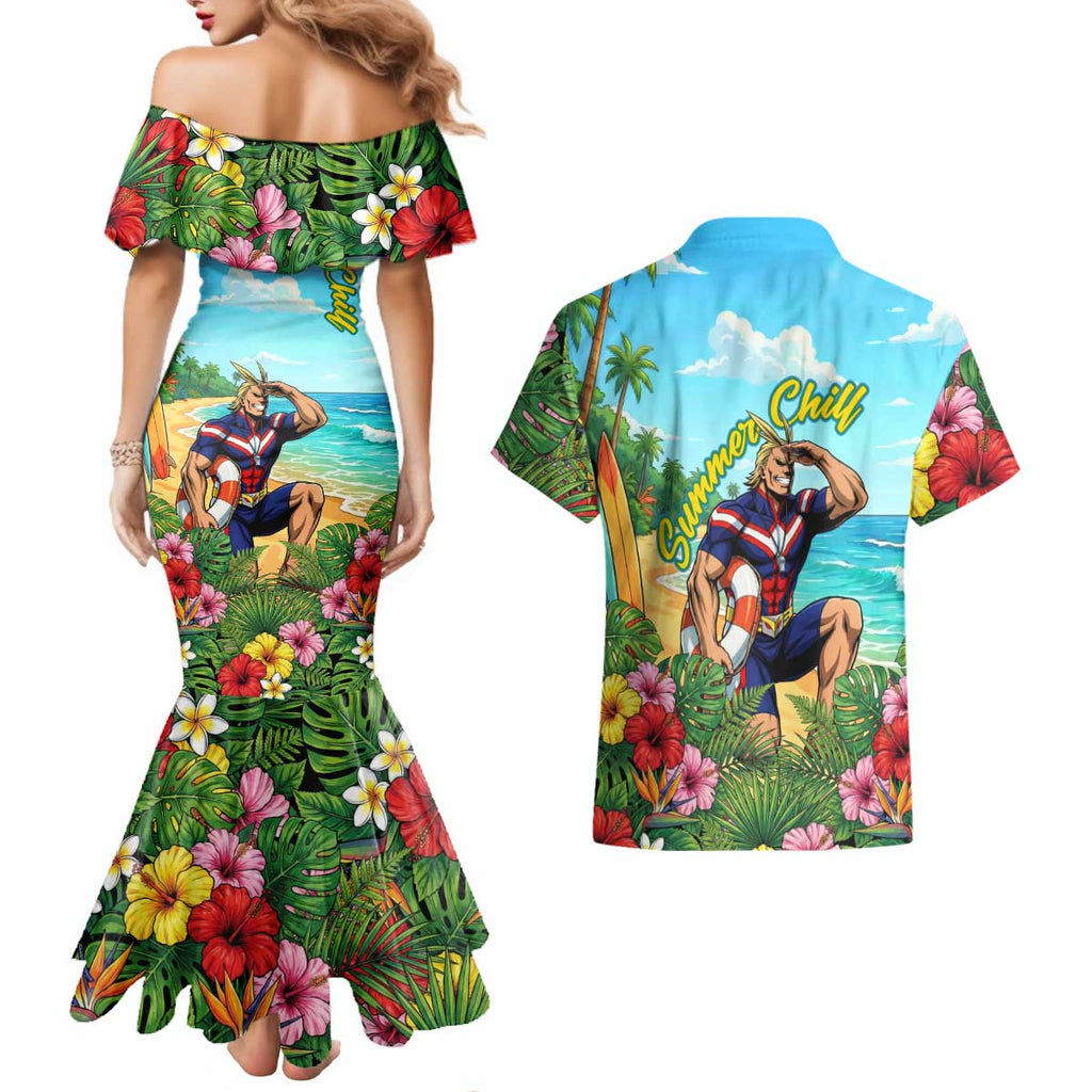 Toshinori Yagi Summer Chill Couples Matching Mermaid Dress and Hawaiian Shirt Heroic Tropical Anime Art