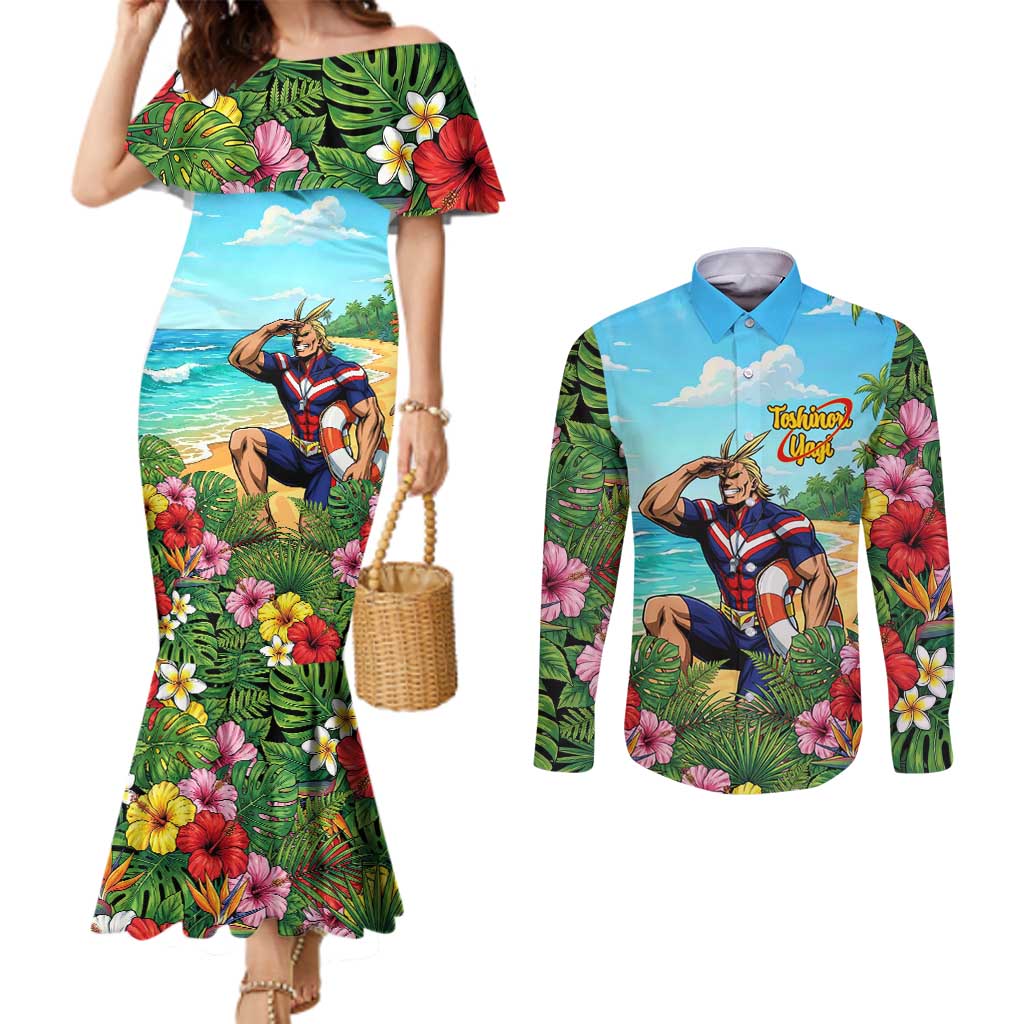 Toshinori Yagi Summer Chill Couples Matching Mermaid Dress and Long Sleeve Button Shirt Heroic Tropical Anime Art