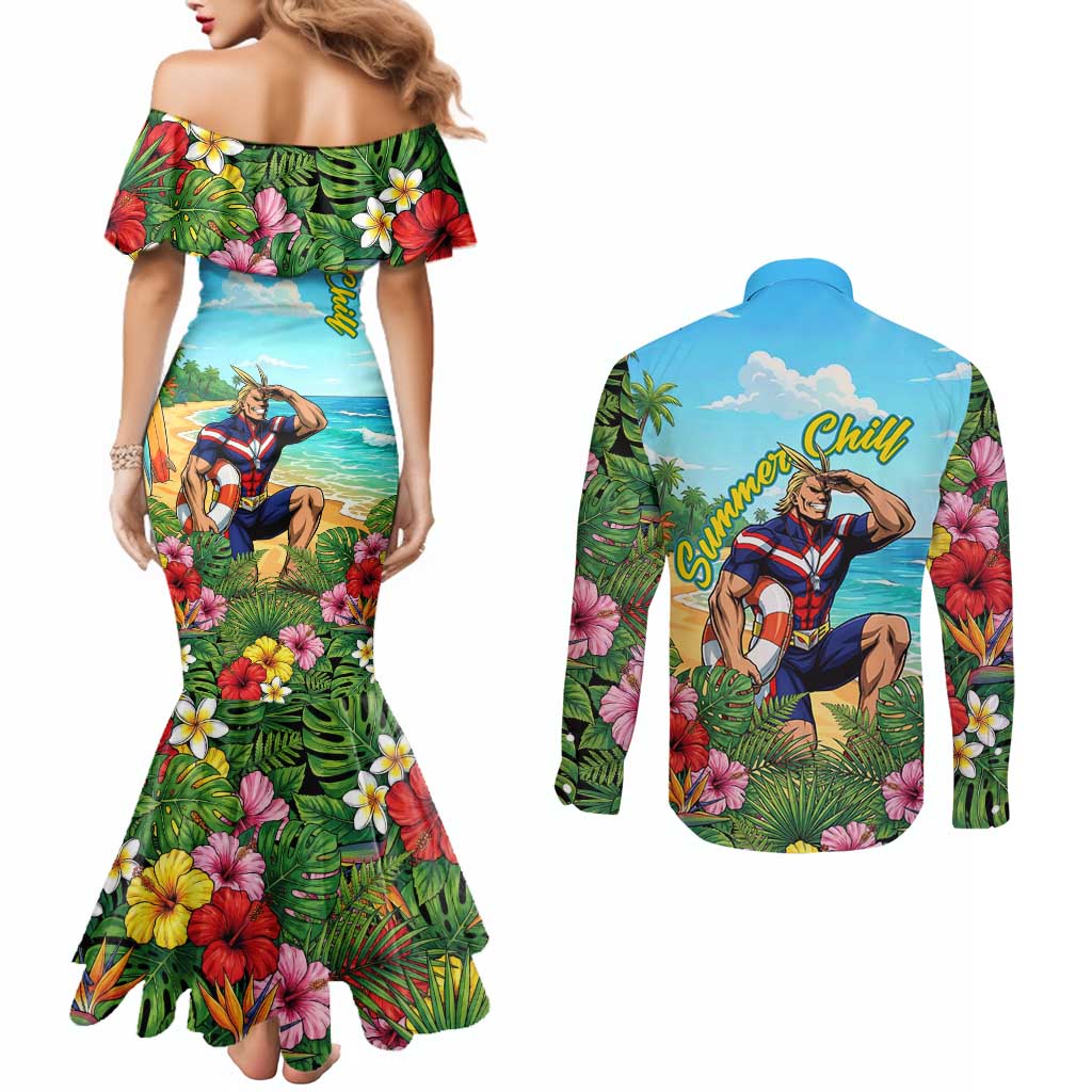 Toshinori Yagi Summer Chill Couples Matching Mermaid Dress and Long Sleeve Button Shirt Heroic Tropical Anime Art