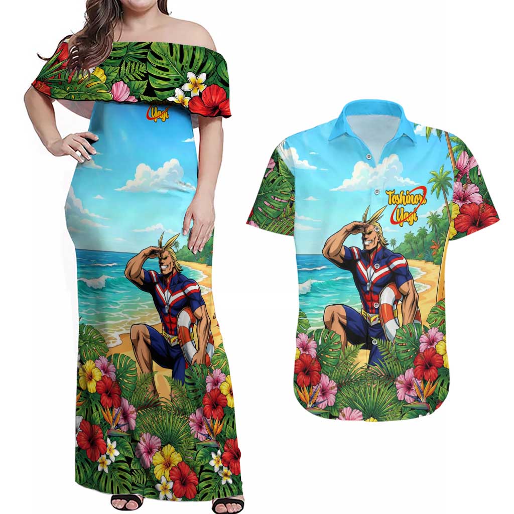 Toshinori Yagi Summer Chill Couples Matching Off Shoulder Maxi Dress and Hawaiian Shirt Heroic Tropical Anime Art