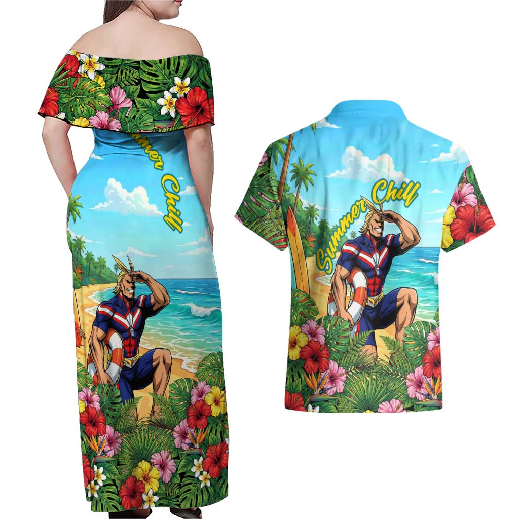 Toshinori Yagi Summer Chill Couples Matching Off Shoulder Maxi Dress and Hawaiian Shirt Heroic Tropical Anime Art