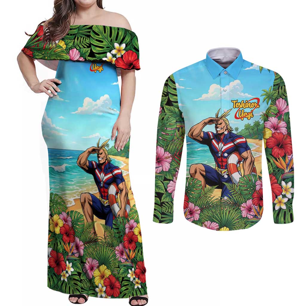 Toshinori Yagi Summer Chill Couples Matching Off Shoulder Maxi Dress and Long Sleeve Button Shirt Heroic Tropical Anime Art