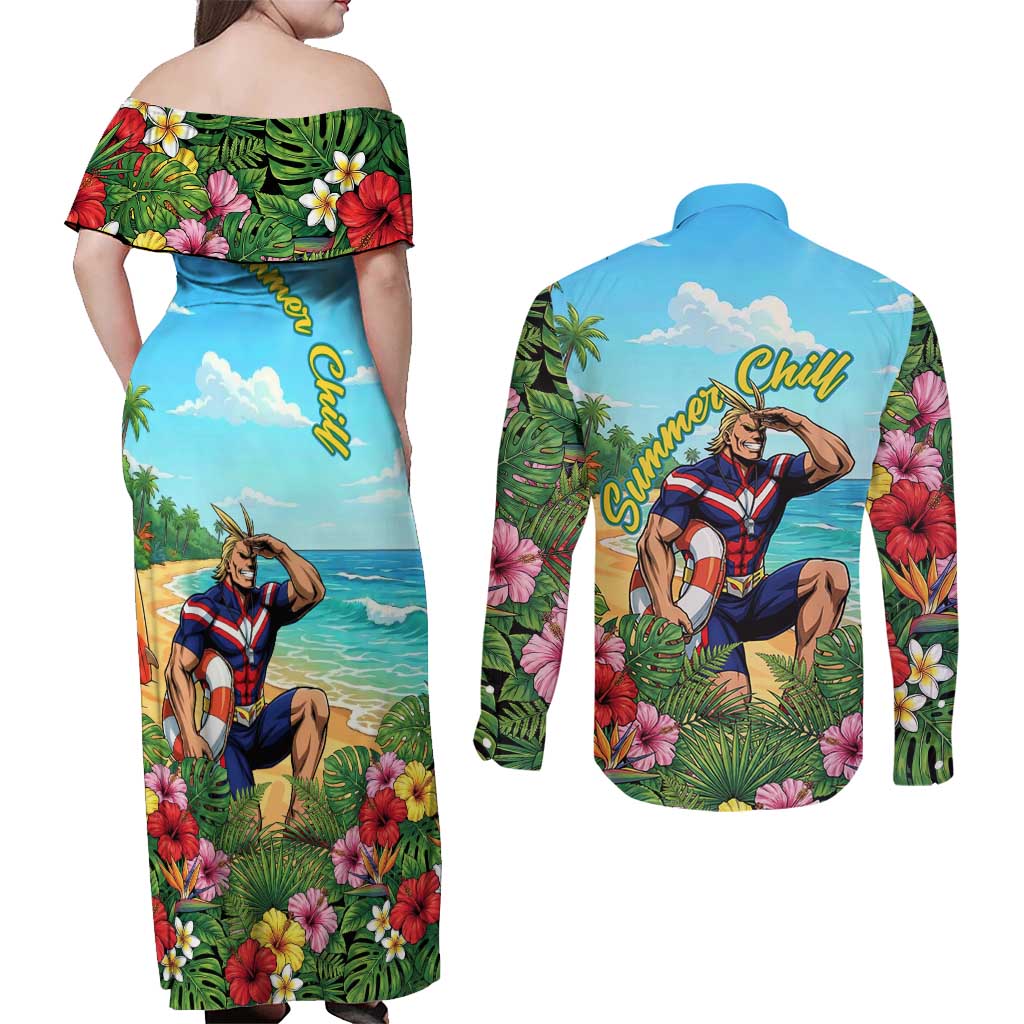 Toshinori Yagi Summer Chill Couples Matching Off Shoulder Maxi Dress and Long Sleeve Button Shirt Heroic Tropical Anime Art