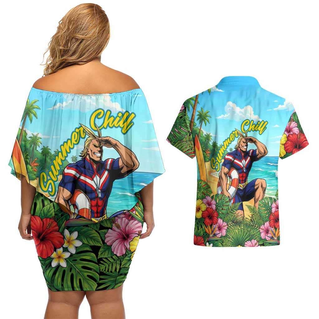 Toshinori Yagi Summer Chill Couples Matching Off Shoulder Short Dress and Hawaiian Shirt Heroic Tropical Anime Art