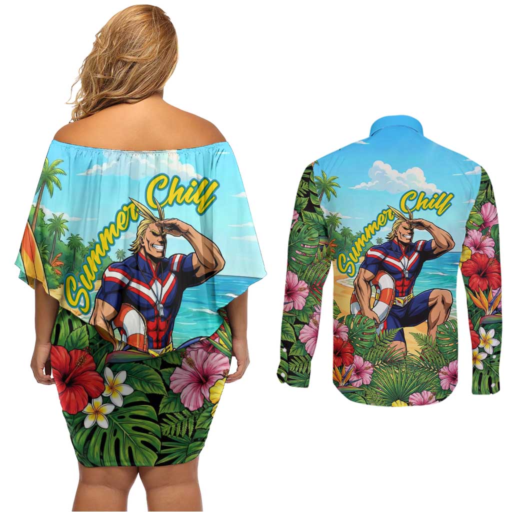 Toshinori Yagi Summer Chill Couples Matching Off Shoulder Short Dress and Long Sleeve Button Shirt Heroic Tropical Anime Art