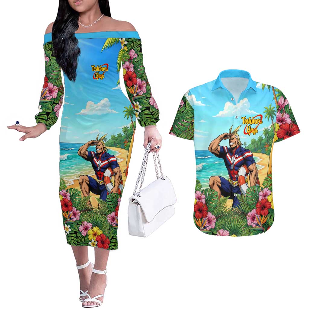 Toshinori Yagi Summer Chill Couples Matching Off The Shoulder Long Sleeve Dress and Hawaiian Shirt Heroic Tropical Anime Art