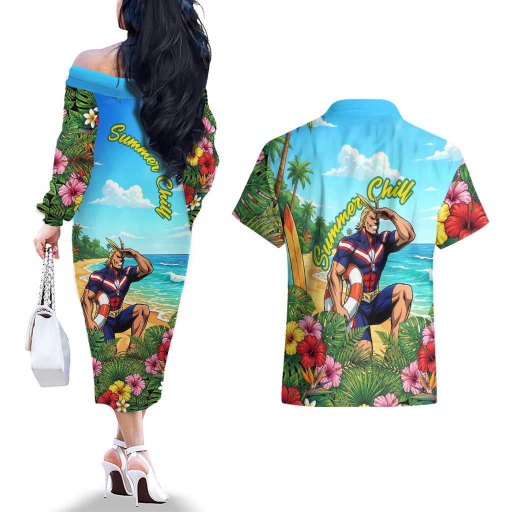 Toshinori Yagi Summer Chill Couples Matching Off The Shoulder Long Sleeve Dress and Hawaiian Shirt Heroic Tropical Anime Art
