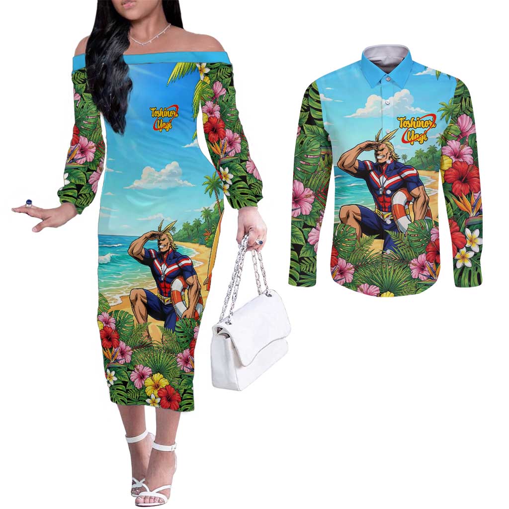 Toshinori Yagi Summer Chill Couples Matching Off The Shoulder Long Sleeve Dress and Long Sleeve Button Shirt Heroic Tropical Anime Art