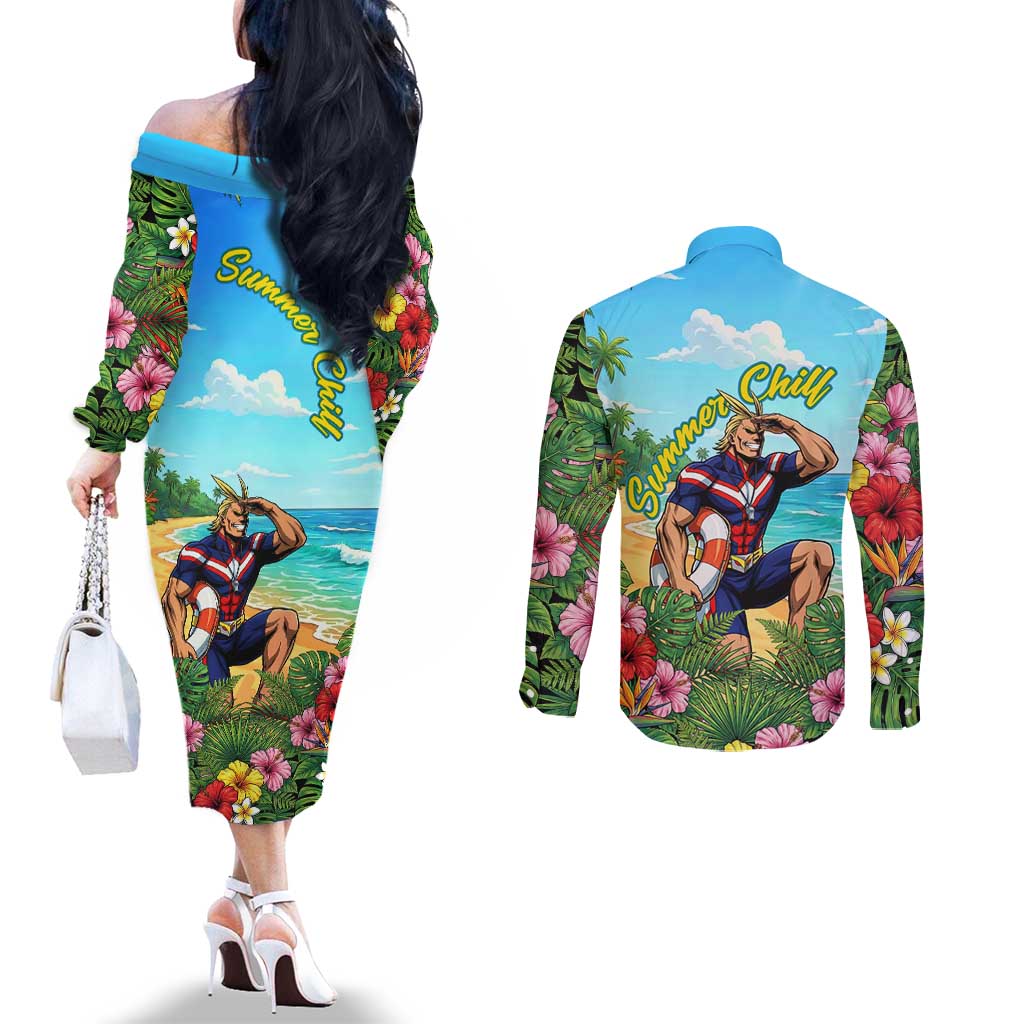 Toshinori Yagi Summer Chill Couples Matching Off The Shoulder Long Sleeve Dress and Long Sleeve Button Shirt Heroic Tropical Anime Art