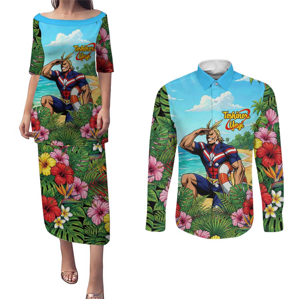 Toshinori Yagi Summer Chill Couples Matching Puletasi and Long Sleeve Button Shirt Heroic Tropical Anime Art