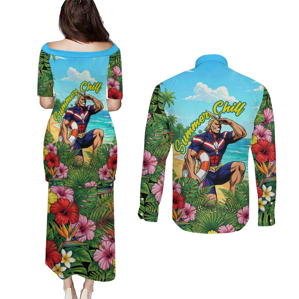 Toshinori Yagi Summer Chill Couples Matching Puletasi and Long Sleeve Button Shirt Heroic Tropical Anime Art