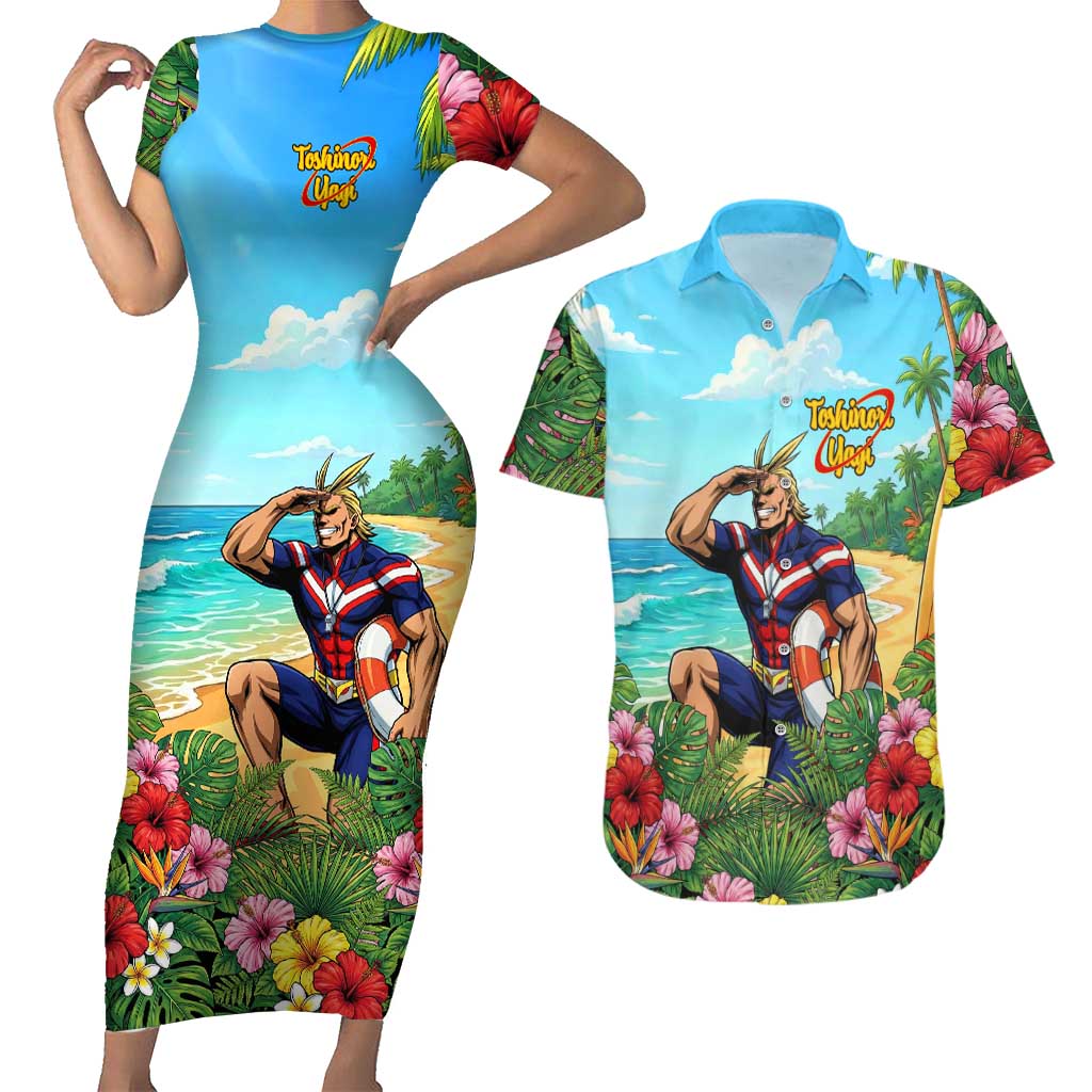 Toshinori Yagi Summer Chill Couples Matching Short Sleeve Bodycon Dress and Hawaiian Shirt Heroic Tropical Anime Art