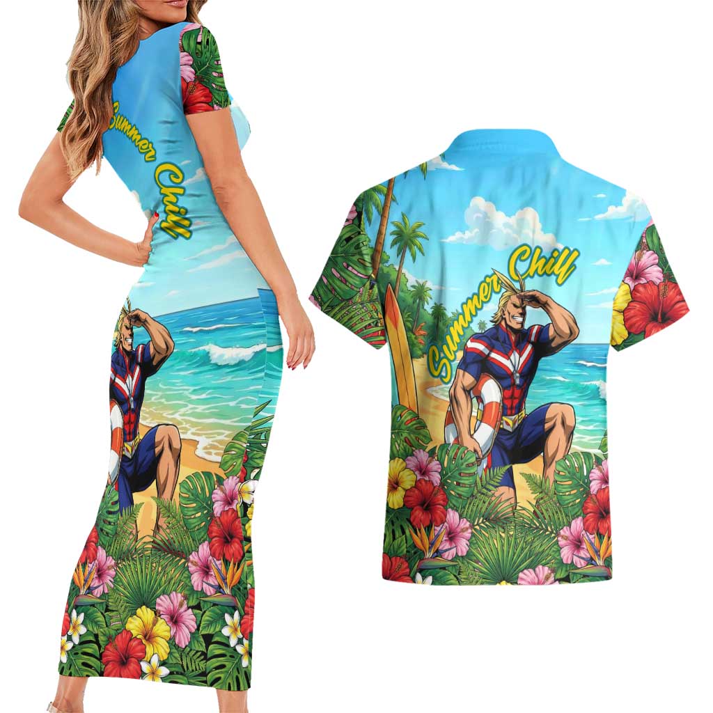 Toshinori Yagi Summer Chill Couples Matching Short Sleeve Bodycon Dress and Hawaiian Shirt Heroic Tropical Anime Art