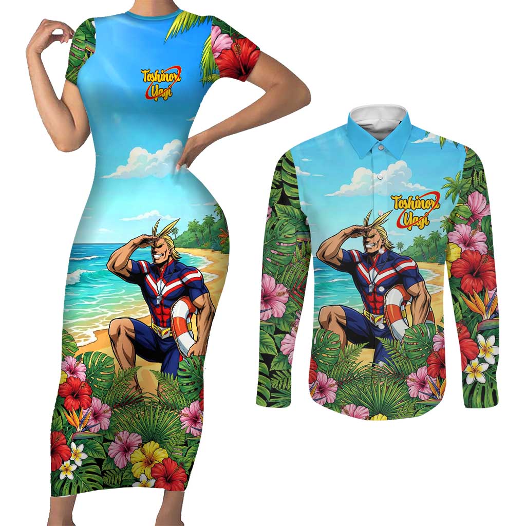 Toshinori Yagi Summer Chill Couples Matching Short Sleeve Bodycon Dress and Long Sleeve Button Shirt Heroic Tropical Anime Art