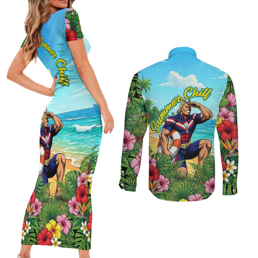 Toshinori Yagi Summer Chill Couples Matching Short Sleeve Bodycon Dress and Long Sleeve Button Shirt Heroic Tropical Anime Art