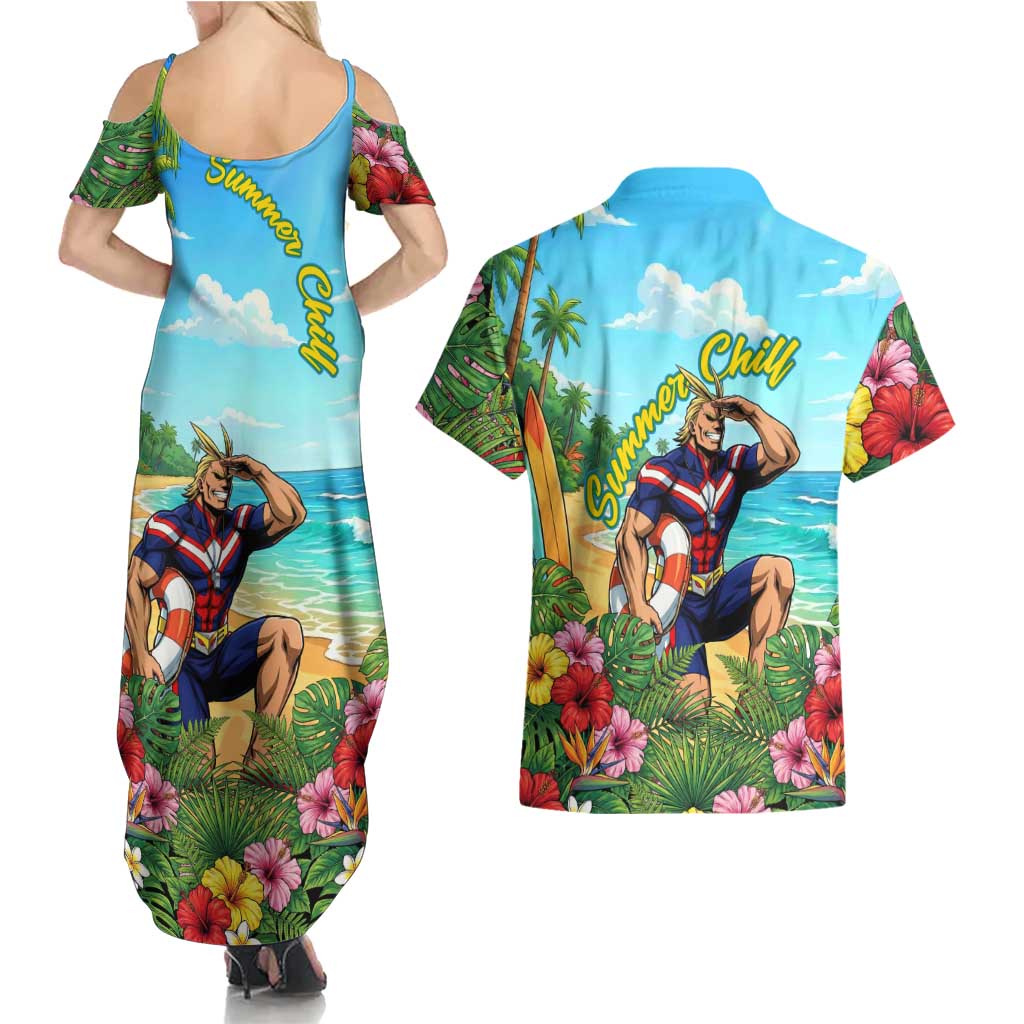 Toshinori Yagi Summer Chill Couples Matching Summer Maxi Dress and Hawaiian Shirt Heroic Tropical Anime Art