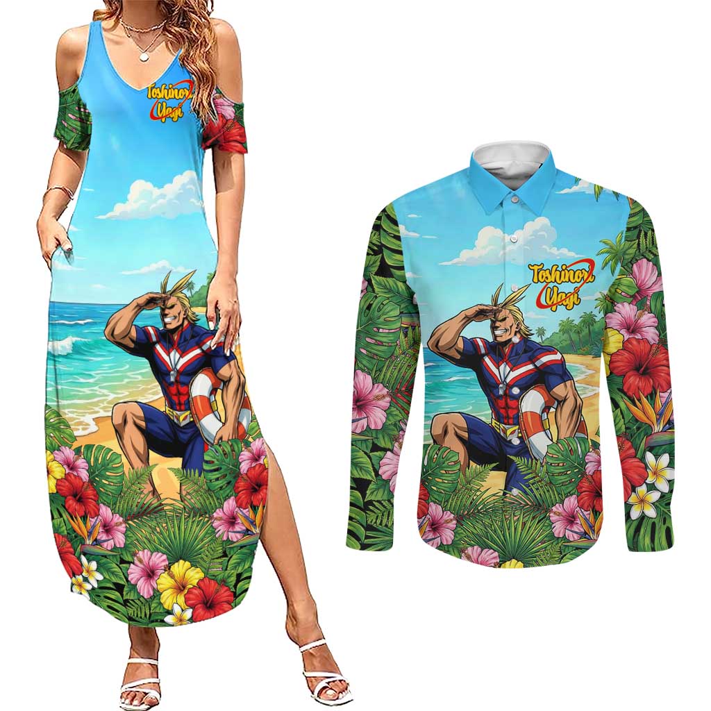 Toshinori Yagi Summer Chill Couples Matching Summer Maxi Dress and Long Sleeve Button Shirt Heroic Tropical Anime Art
