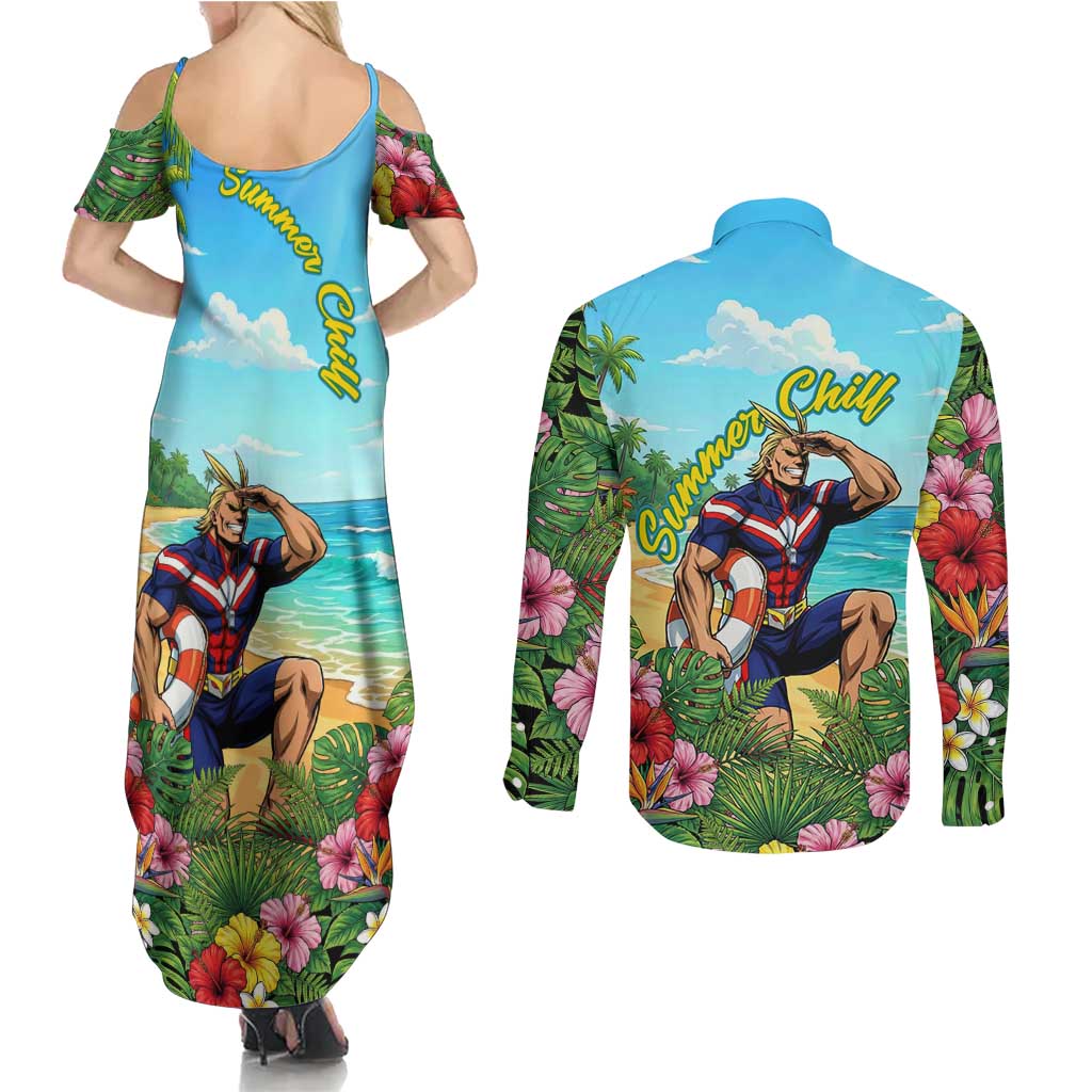Toshinori Yagi Summer Chill Couples Matching Summer Maxi Dress and Long Sleeve Button Shirt Heroic Tropical Anime Art